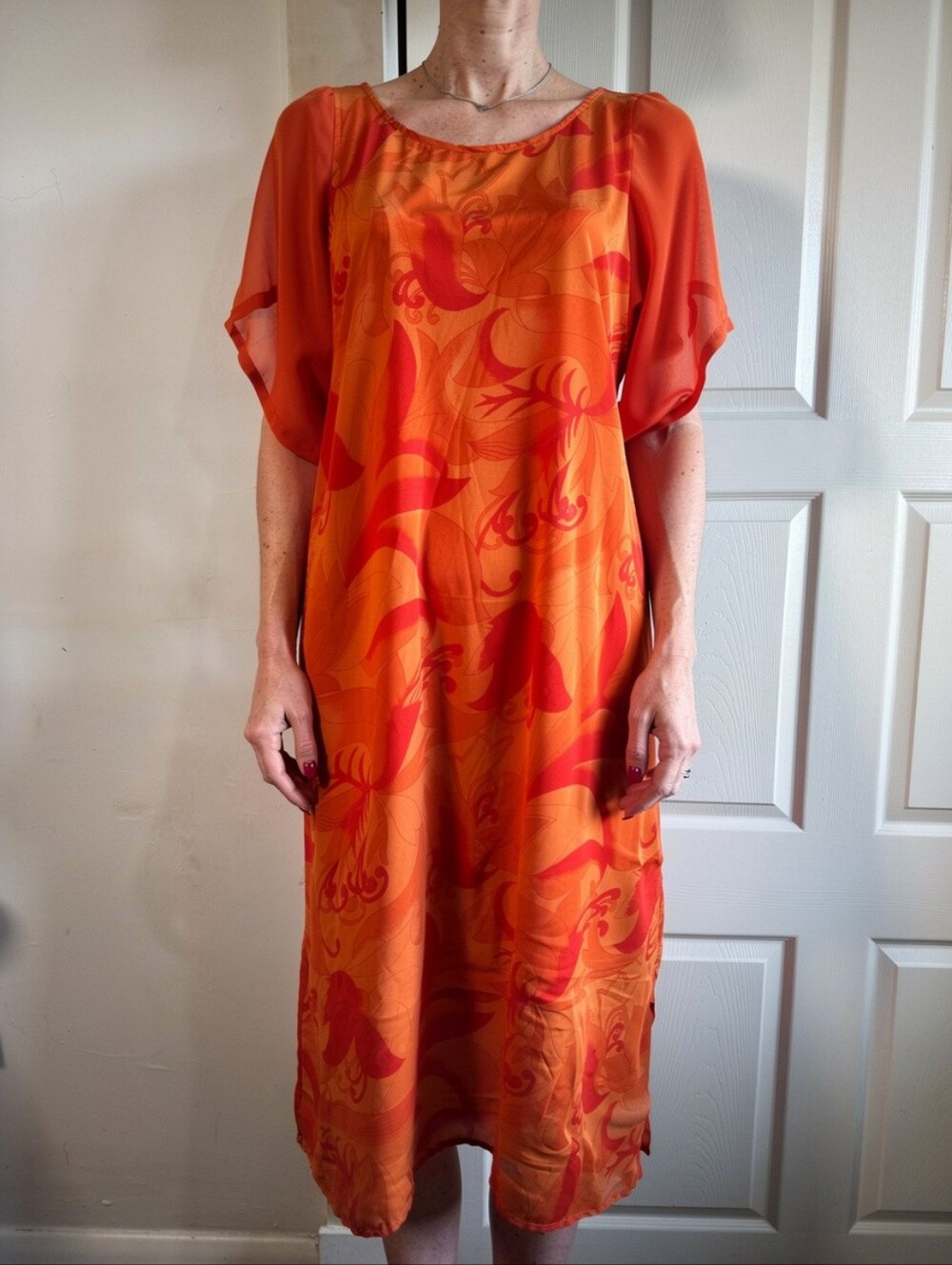 Elegant Orange Floral Flowing Midi Dress From India